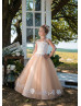 Long Sleeves Ivory Lace Cappuccino Tulle Wedding Flower Girl Dress